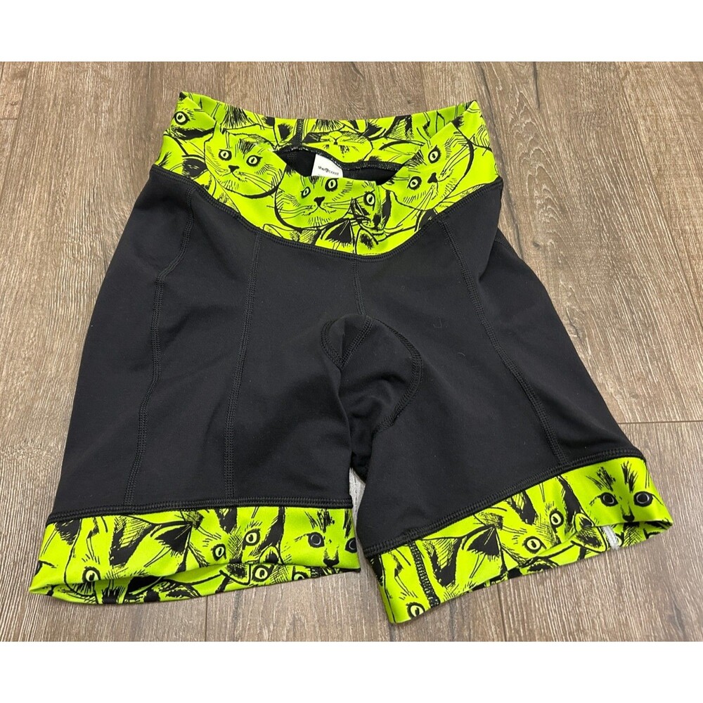 SHEBEEST Padded Cycling Shorts Womens Large Black Neon Green Cats Kittens